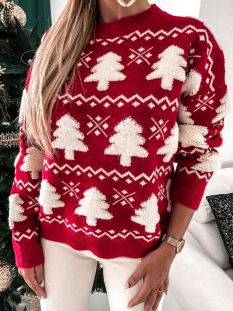 Christmas Tree Round Neck Sweater - Deals DejaVu