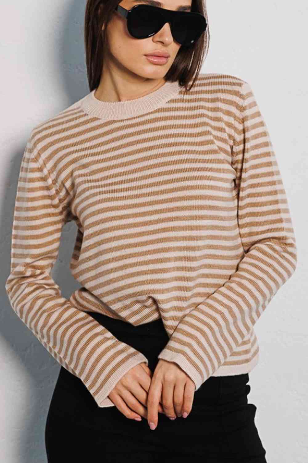 Striped Round Neck Long Sleeve Sweater - Deals DejaVu