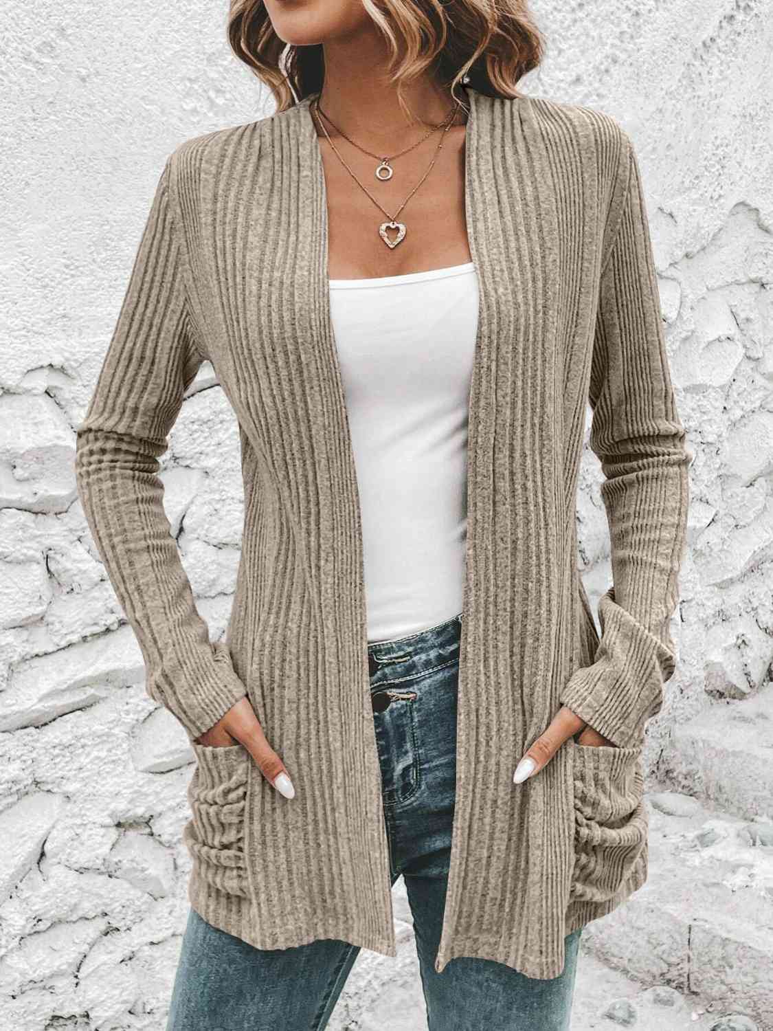 Ribbed Open Front Cardigan with Pockets (BFD) T - Deals DejaVu