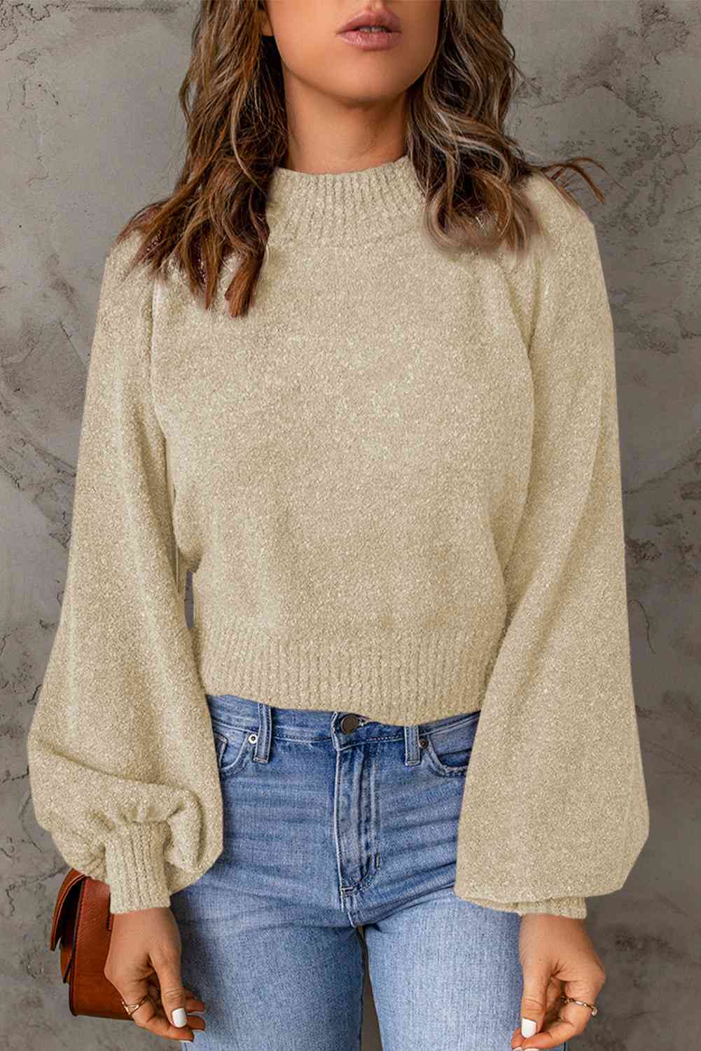 Ribbed Trim Balloon Sleeve Sweater - Deals DejaVu