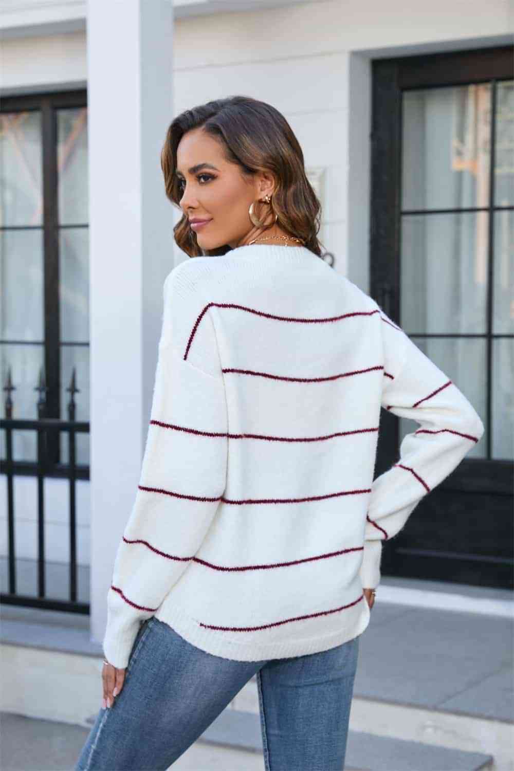 Striped Round Neck Long Sleeve Sweater - Deals DejaVu