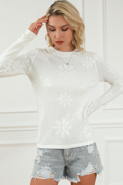 Floral Eyelet Round Neck Long Sleeve Knit Top - Deals DejaVu