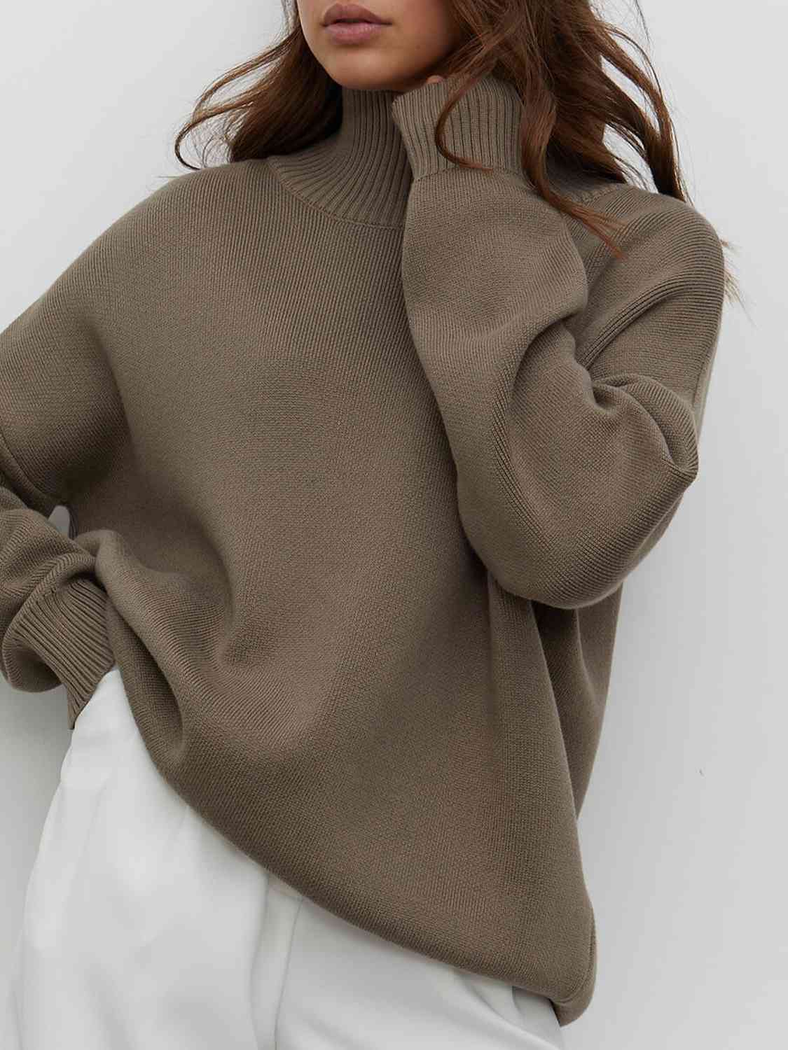 Mock Neck Dropped Shoulder Sweater - Deals DejaVu