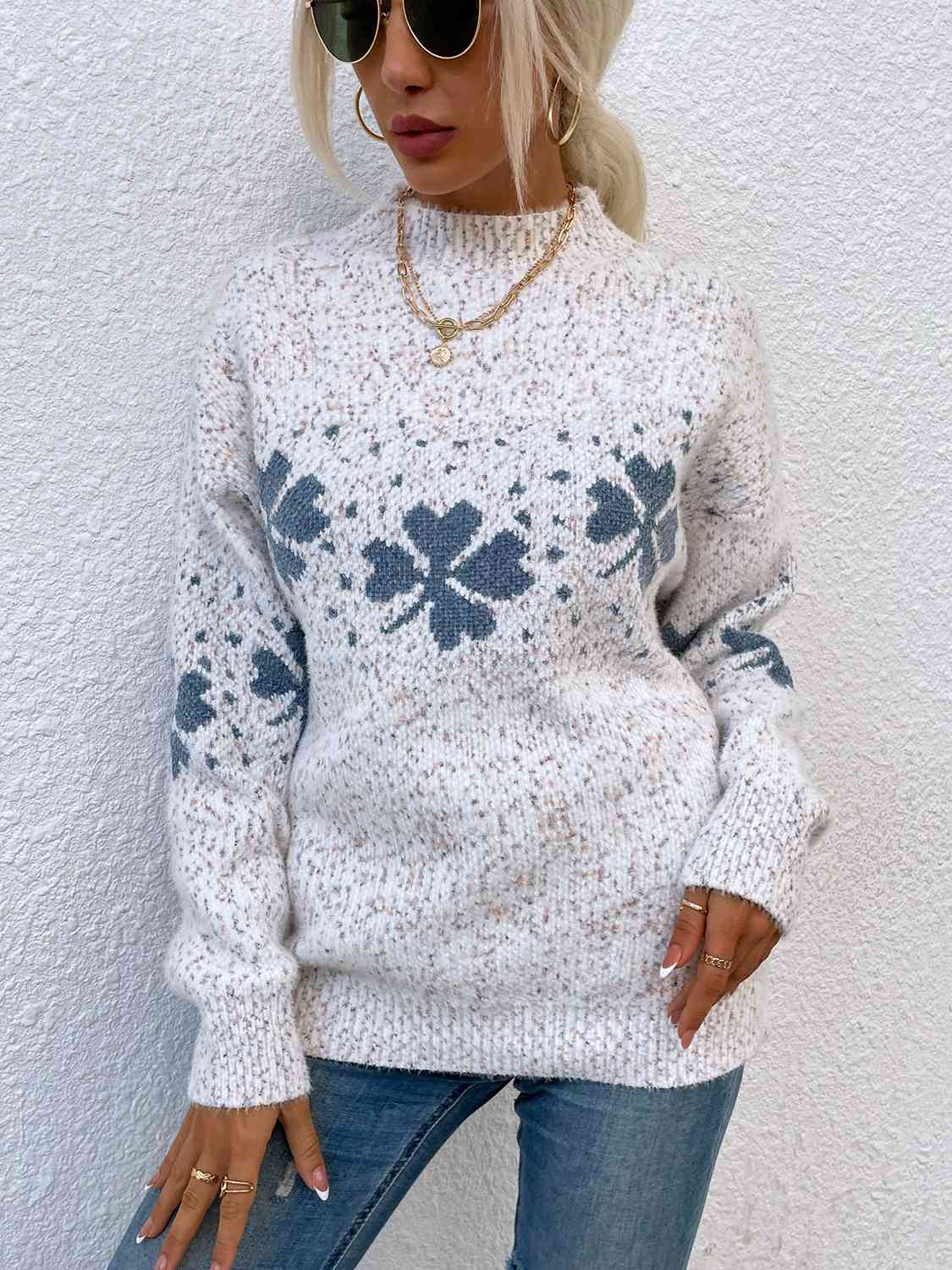 Four Leaf Clover Mock Neck Sweater - Deals DejaVu