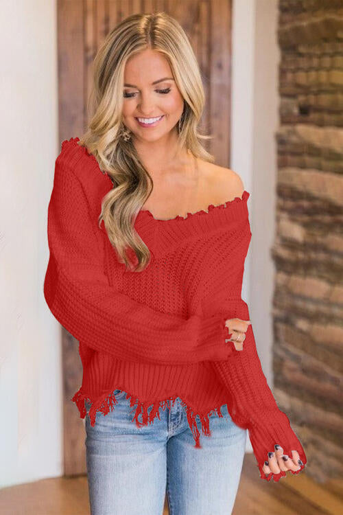 Frayed Hem Dropped Shoulder Sweater - Deals DejaVu