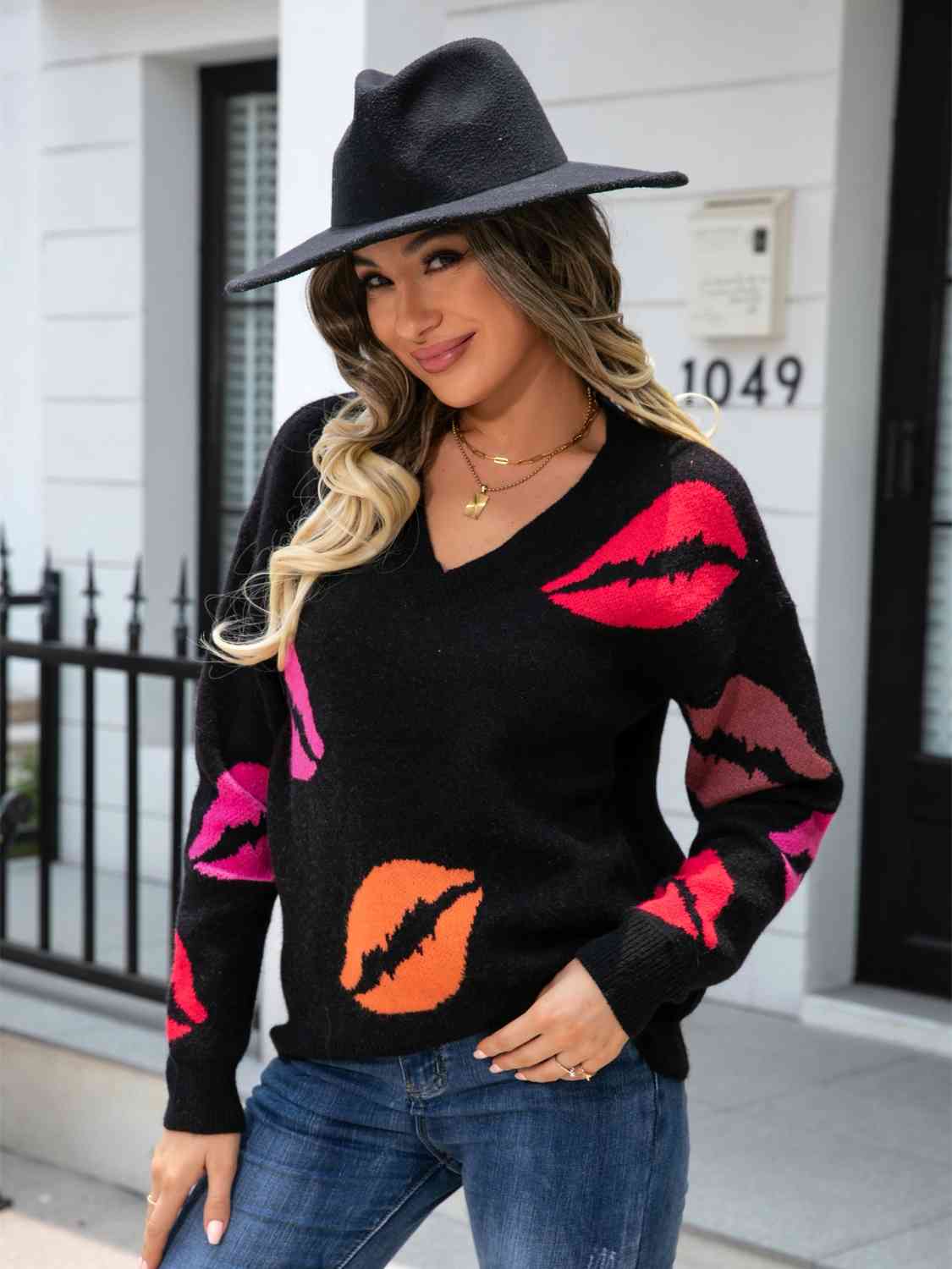 Lip V-Neck Drop Shoulder Sweater - Deals DejaVu