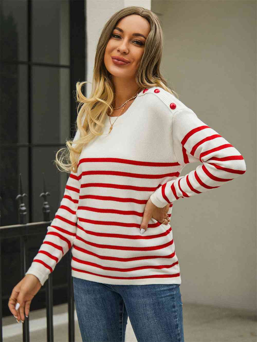 Round Neck Shoulder Button Striped Pullover Sweater - Deals DejaVu