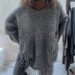 Fringe Detail Long Sleeve Sweater with Pockets - Deals DejaVu