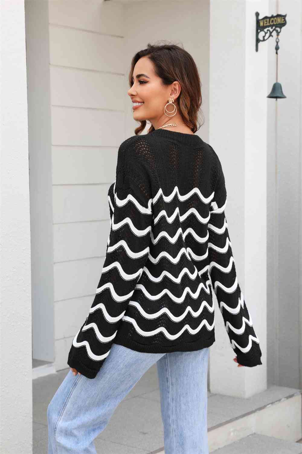 Wave Pattern Round Neck Long Sleeve Sweater - Deals DejaVu