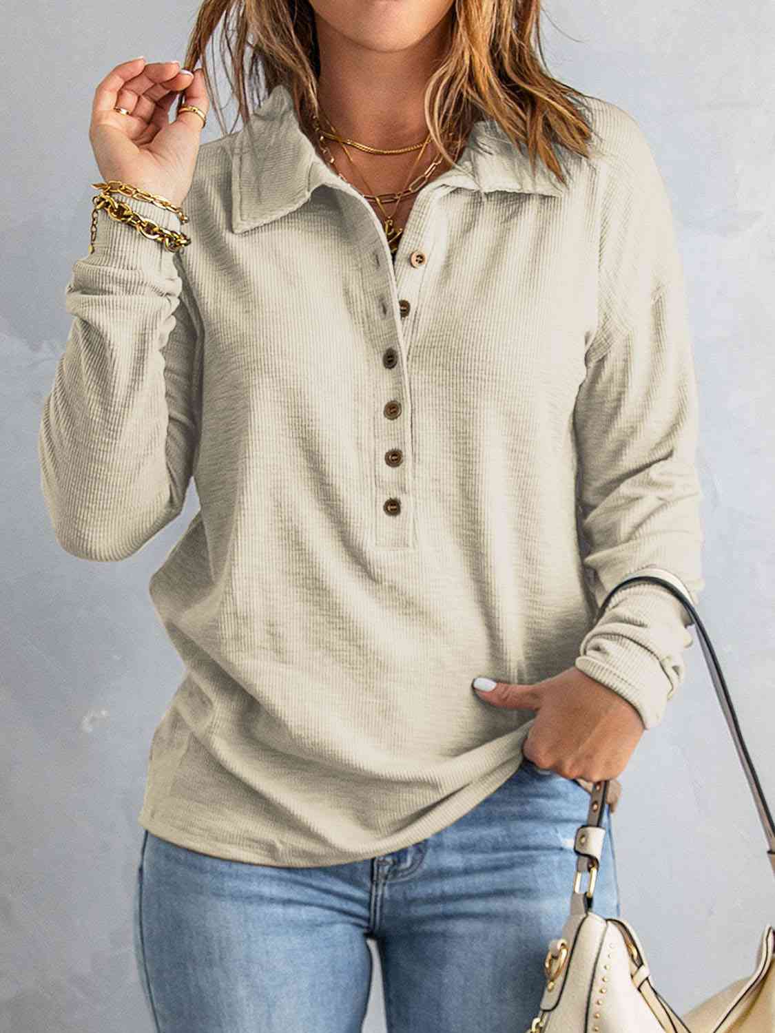 Collared Neck Half Button Top (BFD) T - Deals DejaVu