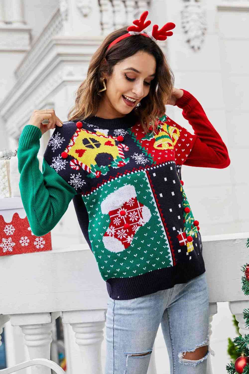 Christmas Color Block Knit Pullover - Deals DejaVu