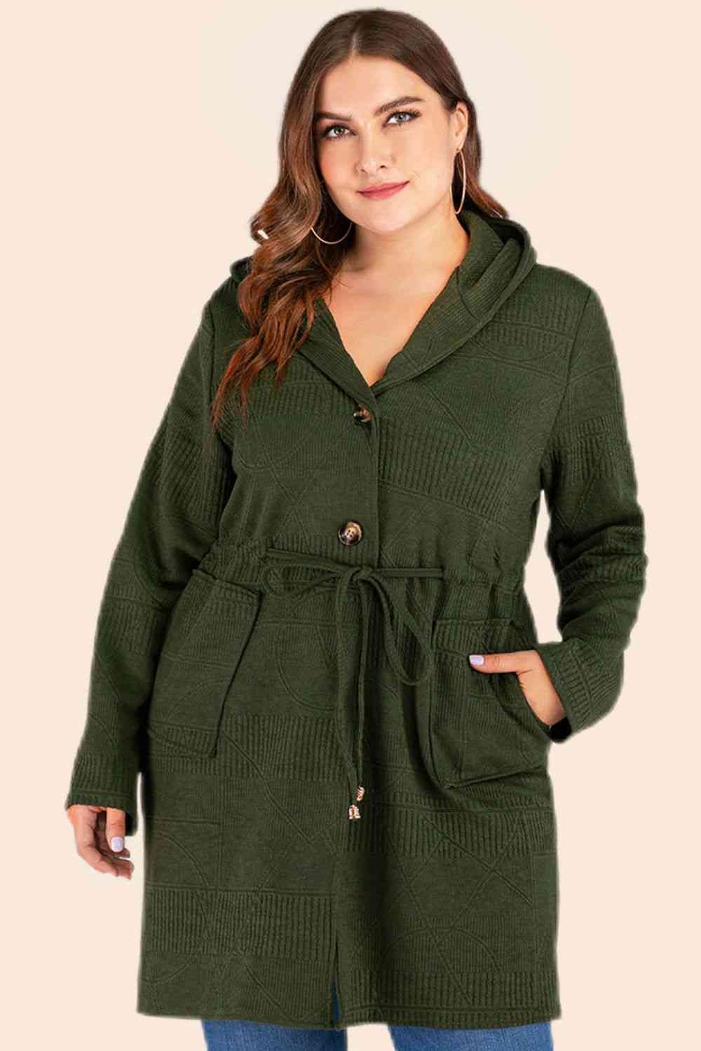 Plus Size Drawstring Waist Hooded Cardigan with Pockets - Deals DejaVu