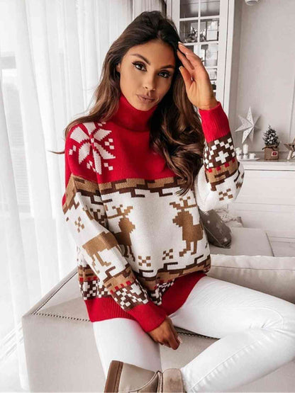 Reindeer Turtleneck Drop Shoulder Sweater - Deals DejaVu