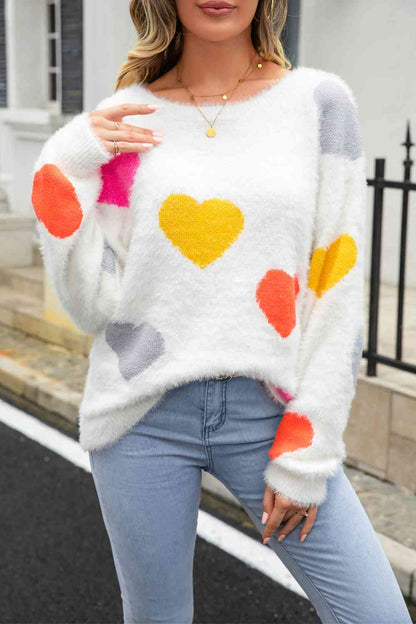 Heart Pattern Round Neck Long Sleeve Sweater - Deals DejaVu