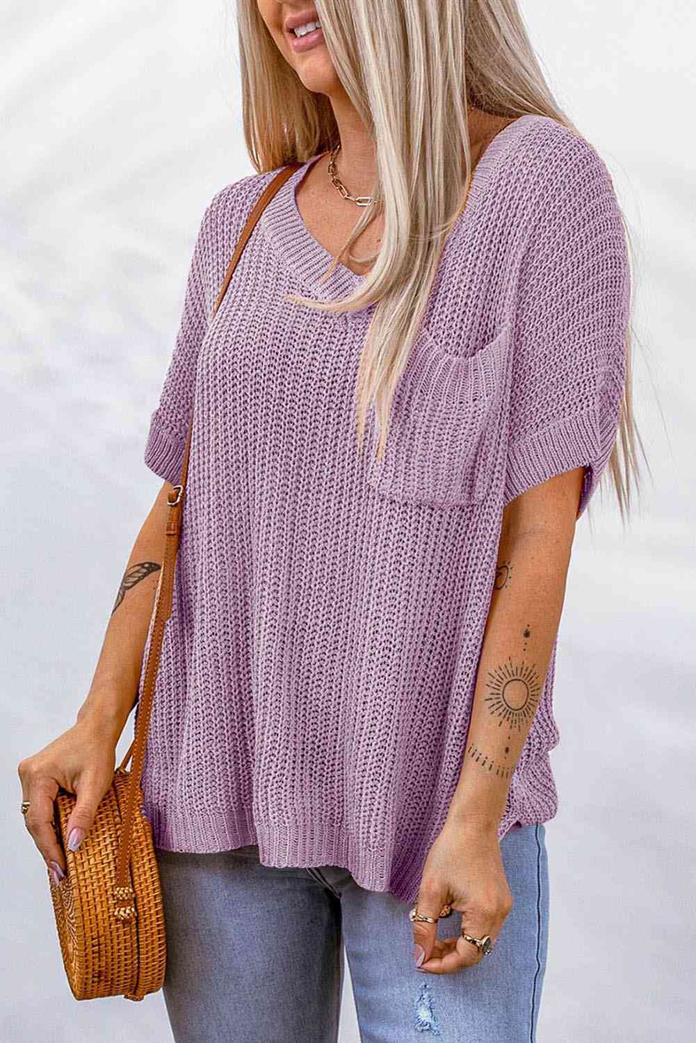 Side Slit V-Neck Short Sleeve Sweater - Deals DejaVu