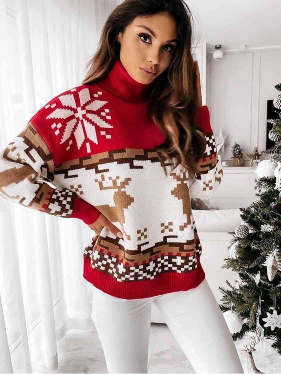 Reindeer Turtleneck Drop Shoulder Sweater - Deals DejaVu