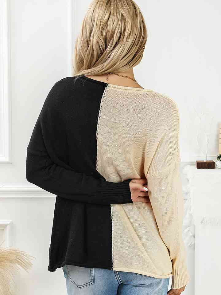 Two-Tone V-Neck Long Sleeve Knit Top - Deals DejaVu