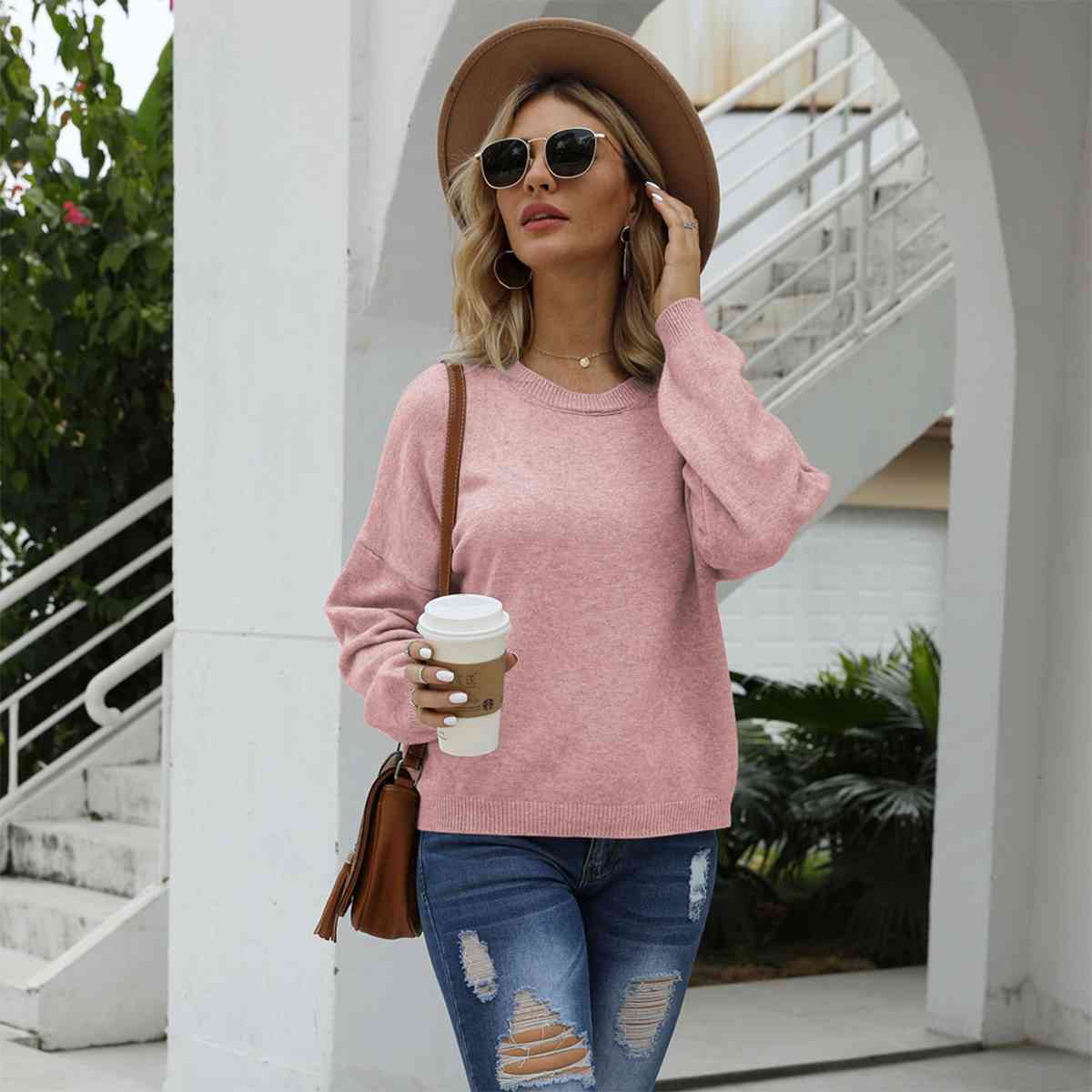 Round Neck Long Sleeve Drop Shoulder Sweater - Deals DejaVu