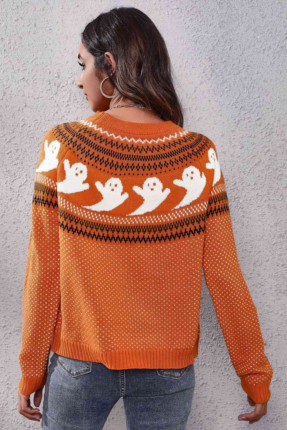 Ghost Pattern Round Neck Long Sleeve Sweater