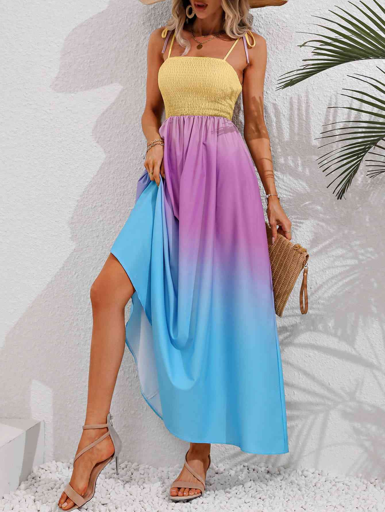 Color Block Tie Shoulder Smocked Maxi Dress (BWMT) T - Deals DejaVu