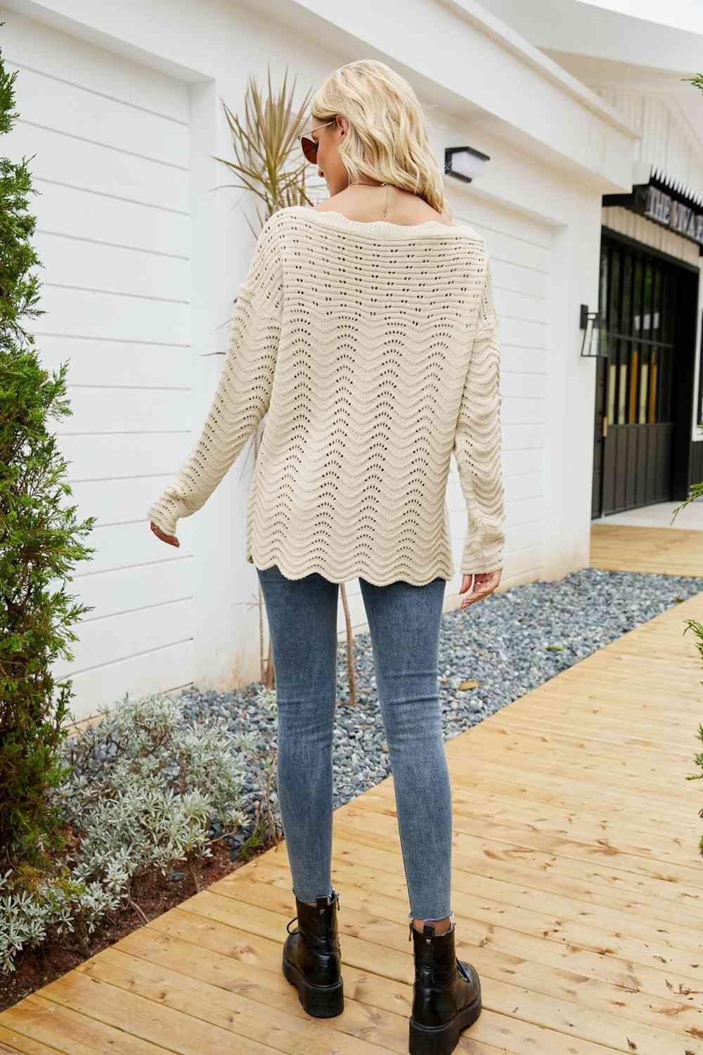 Woven Right Scalloped Boat Neck Openwork Tunic Sweater - Deals DejaVu