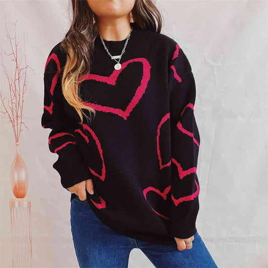 Heart Pattern Long Sleeve Sweater - Deals DejaVu