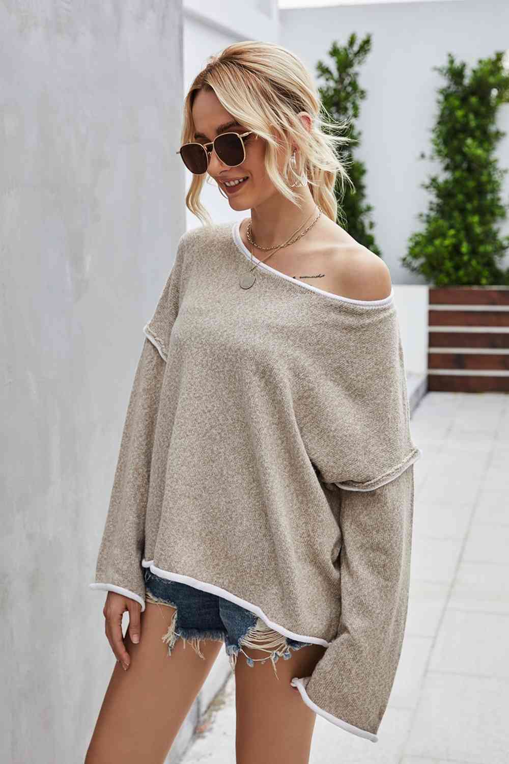 Round Neck Dropped Shoulder Sweater - Deals DejaVu