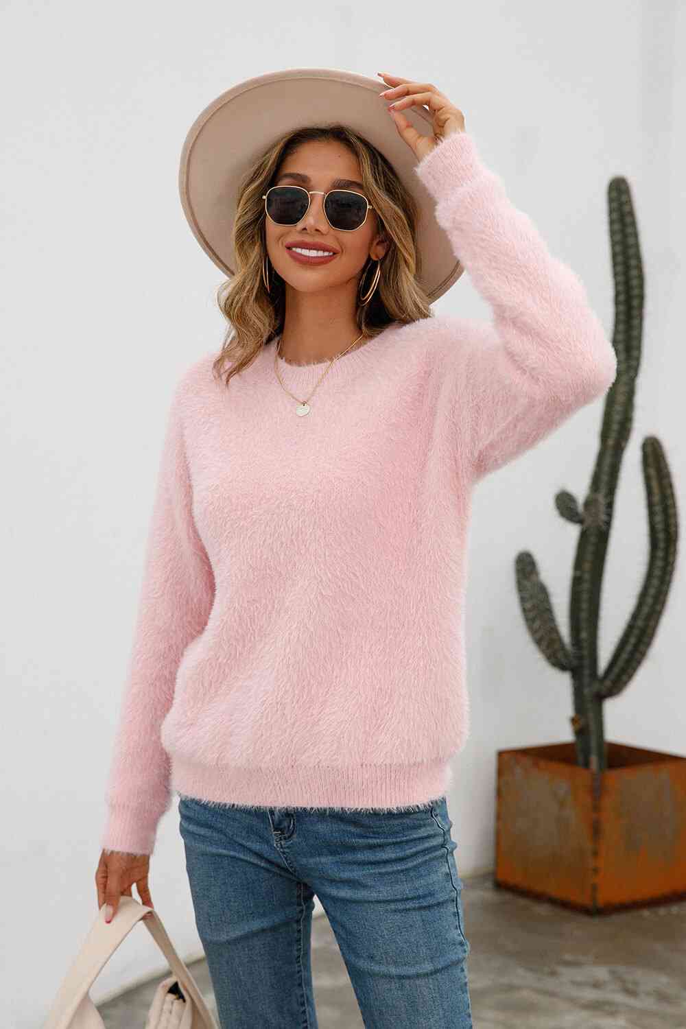 Dropped Shoulder Round Neck Fuzzy Sweater - Deals DejaVu