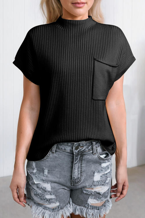 Ribbed Mock Neck Short Sleeve Knit Top