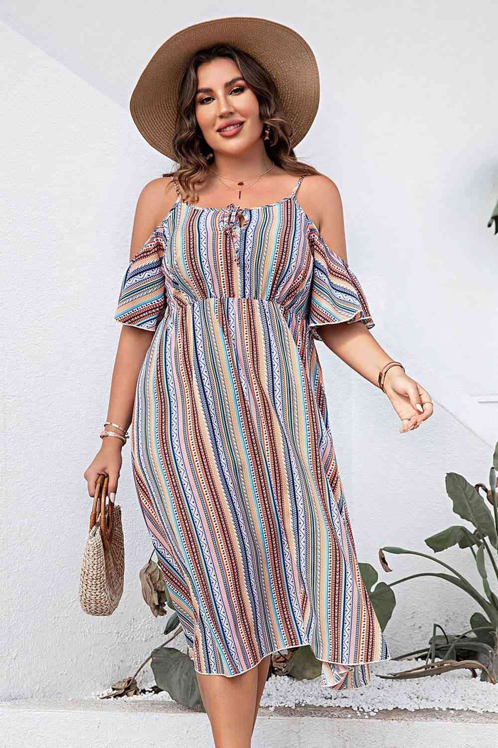 plus size off the shoulder summer dress Striped Cold-Shoulder (MWBT) T Multicolor / 1XL Gold Dresses | Rose Long / Knee / COLOR:Silver/Blush Multi fabric:linen-blend