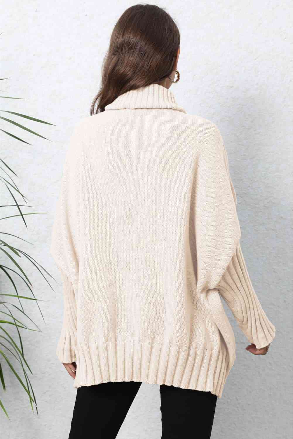 Turtle Neck Long Sleeve Ribbed Sweater - Deals DejaVu