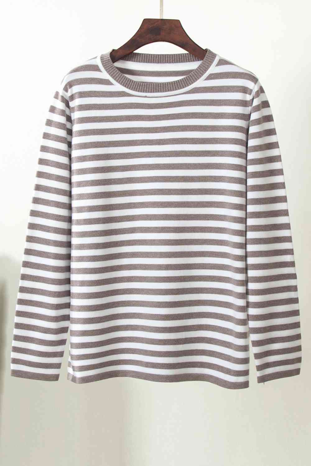 Striped Round Neck Long Sleeve Sweater - Deals DejaVu