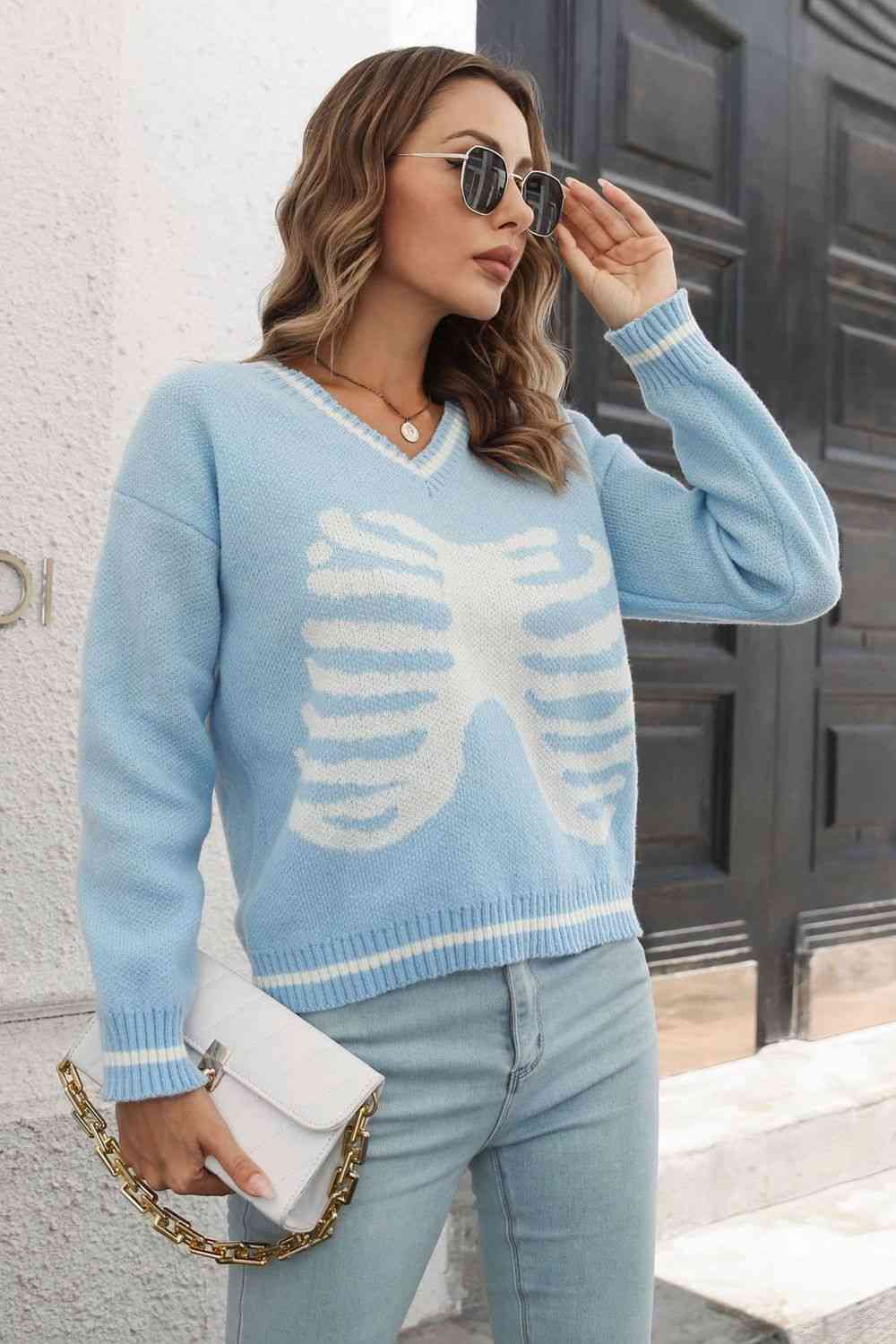 Skeleton Pattern V-Neck Long Sleeve Pullover Sweater - Deals DejaVu