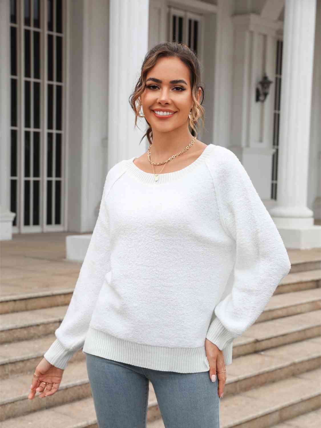 Round Neck Ribbed Trim Sweater - Deals DejaVu