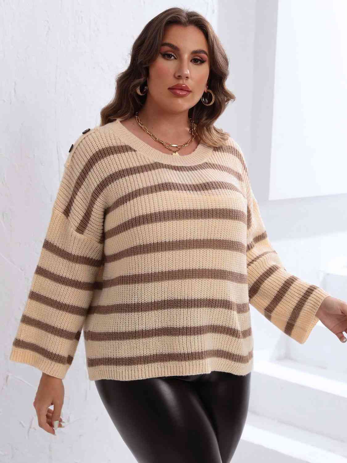 Plus Size Striped Dropped Shoulder Sweater - Deals DejaVu