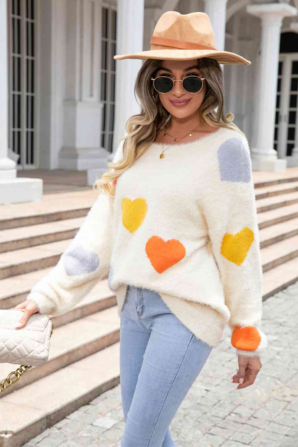 Heart Pattern Round Neck Long Sleeve Sweater - Deals DejaVu