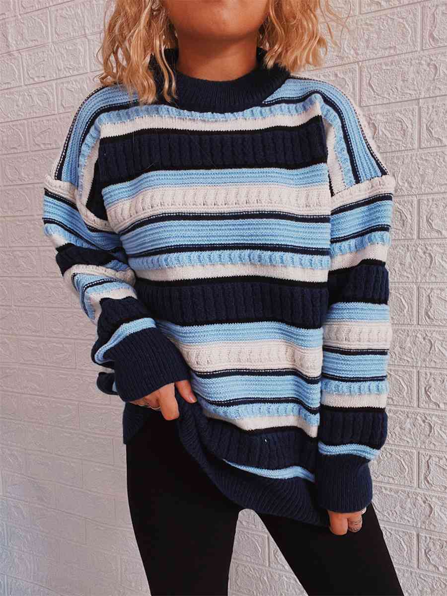 Striped Drop Shoulder Round Neck Sweater - Deals DejaVu