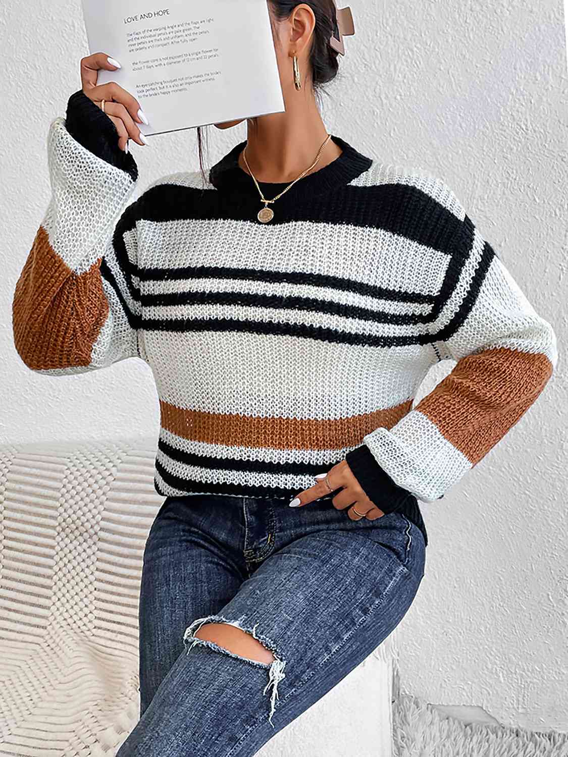 Striped Round Neck Sweater - Deals DejaVu