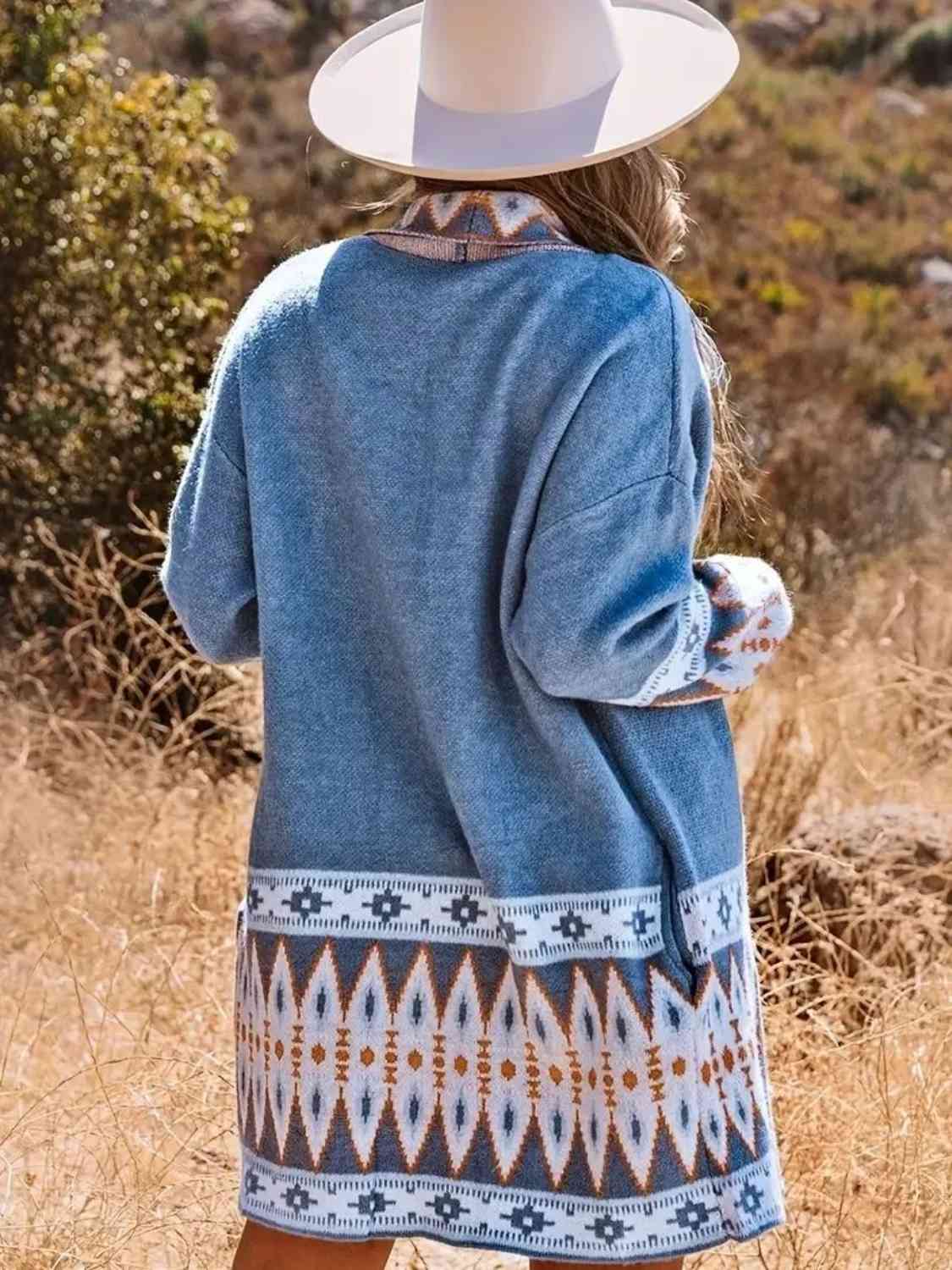 Plus Size Geometric Open Front Cardigan with Pockets - Deals DejaVu