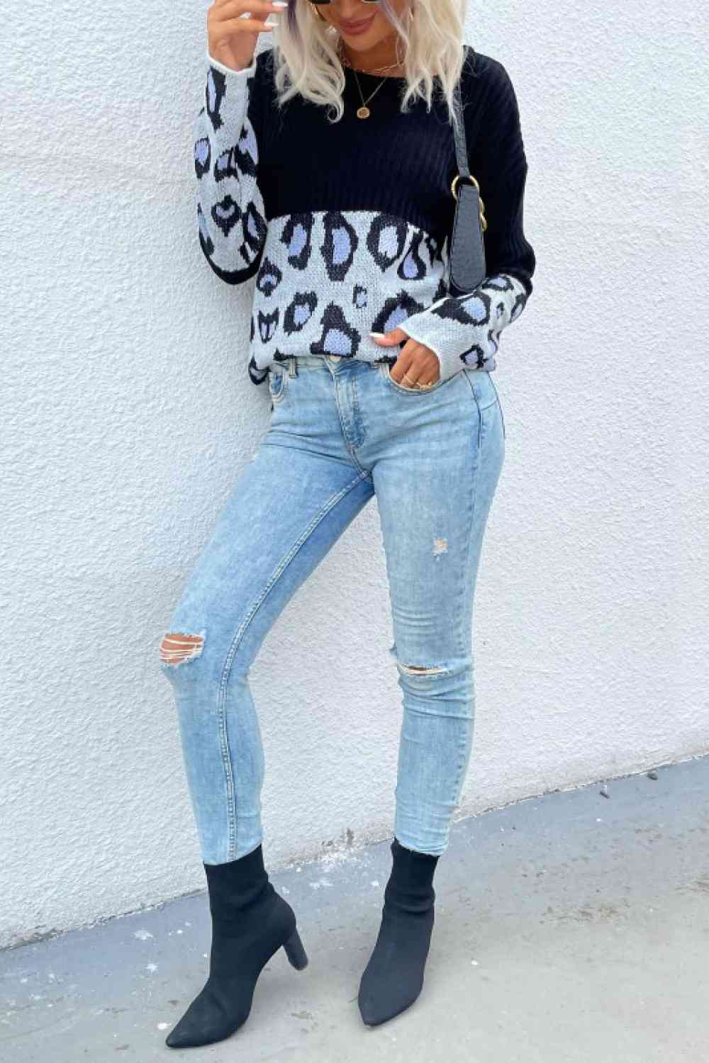 Leopard Color Block Sweater - Deals DejaVu