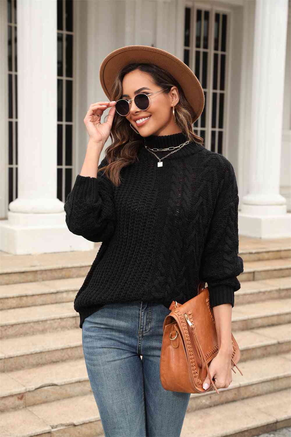 Cable-Knit Turtle Neck Long Sleeve Sweater - Deals DejaVu