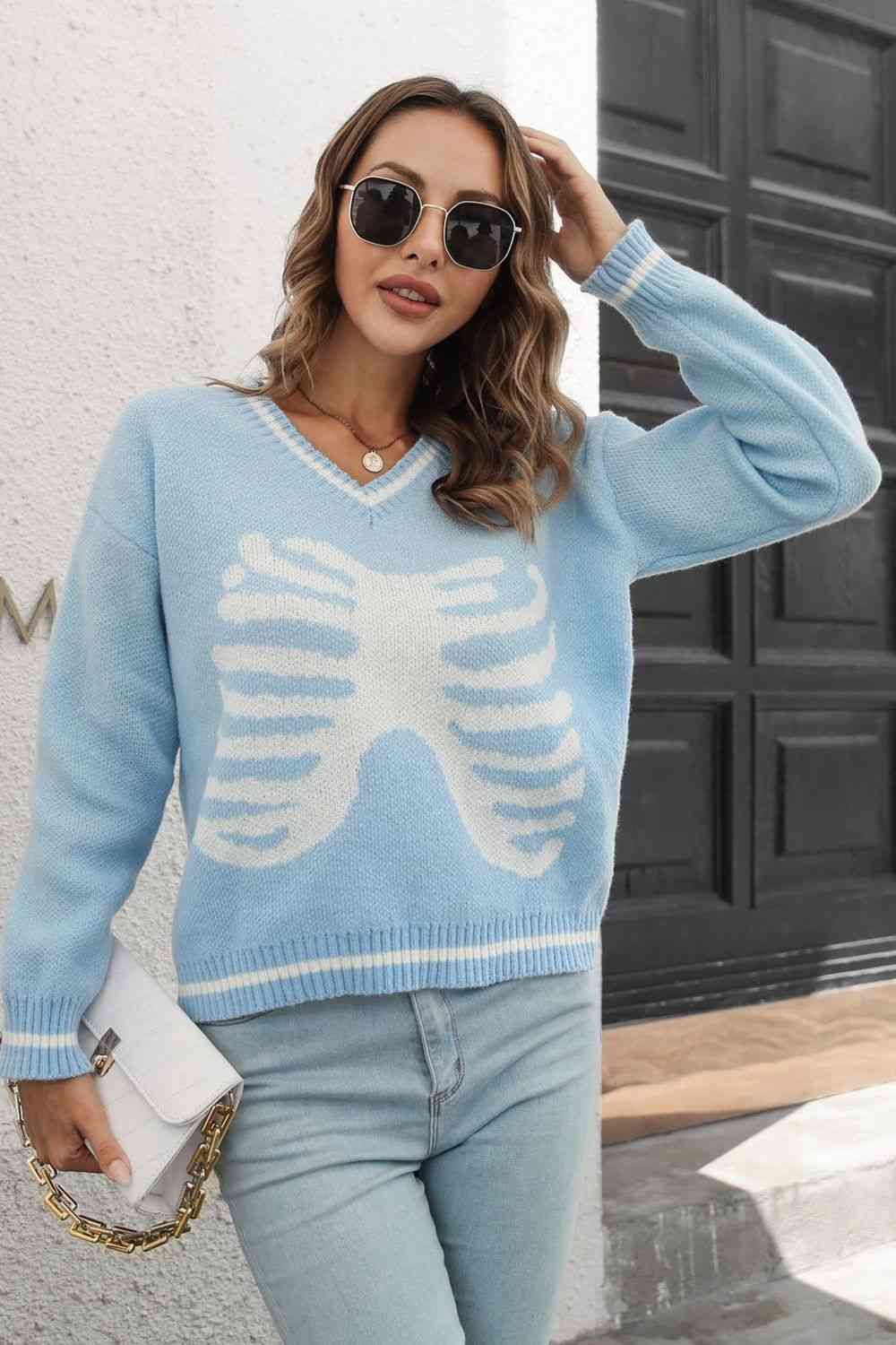 Skeleton Pattern V-Neck Long Sleeve Pullover Sweater - Deals DejaVu