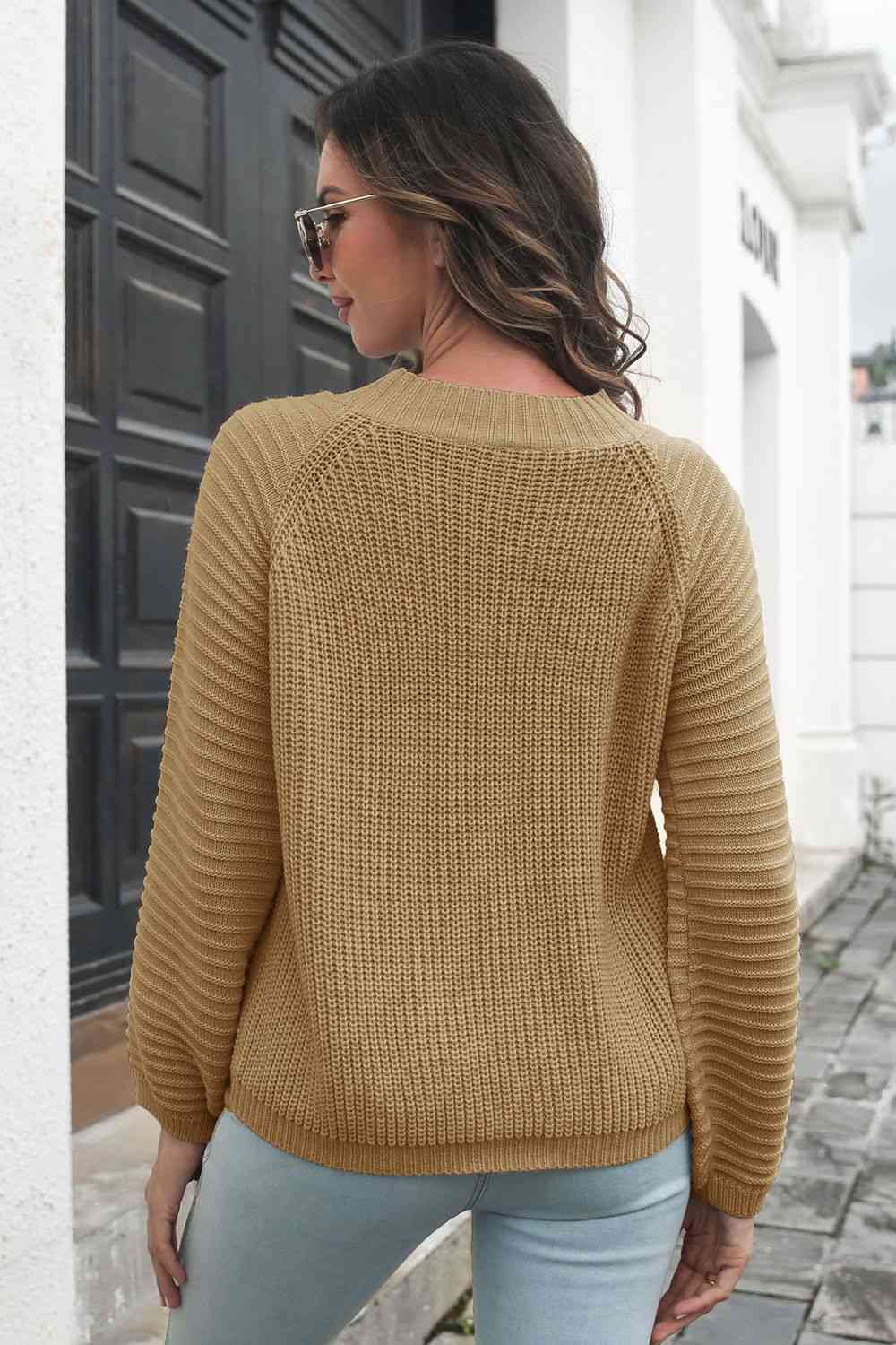 Round Neck Rib-Knit Sweater - Deals DejaVu