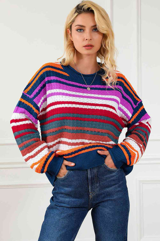 Striped Round Neck Sweater - Deals DejaVu