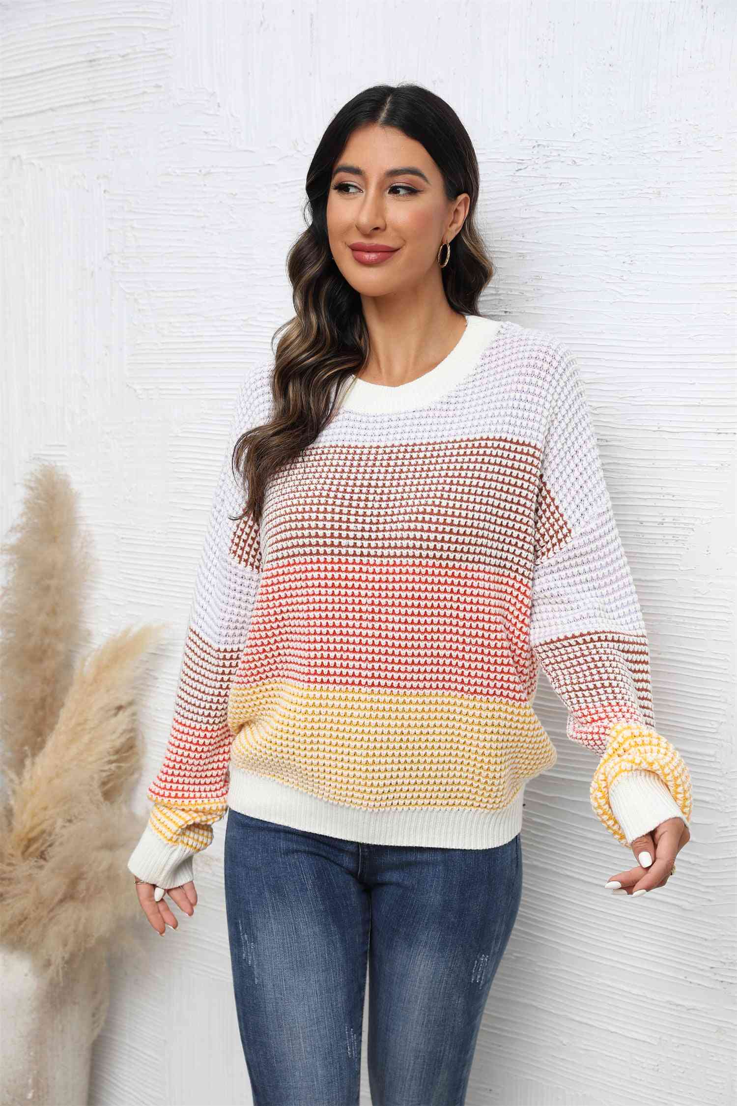 Waffle-Knit Round Neck Dropped Shoulder Color Block Sweater - Deals DejaVu