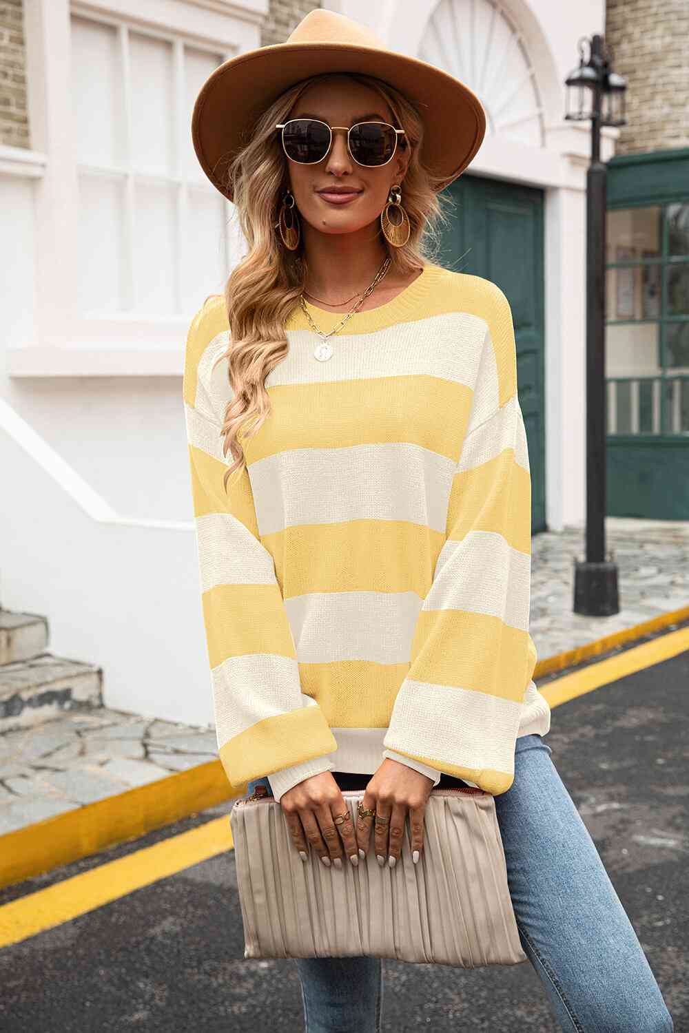 Striped Balloon Sleeve Knit Pullover - Deals DejaVu