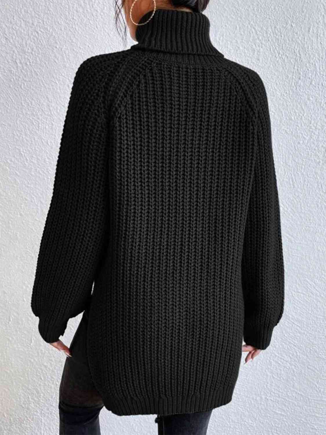 Full Size Turtleneck Rib-Knit Slit Sweater - Deals DejaVu