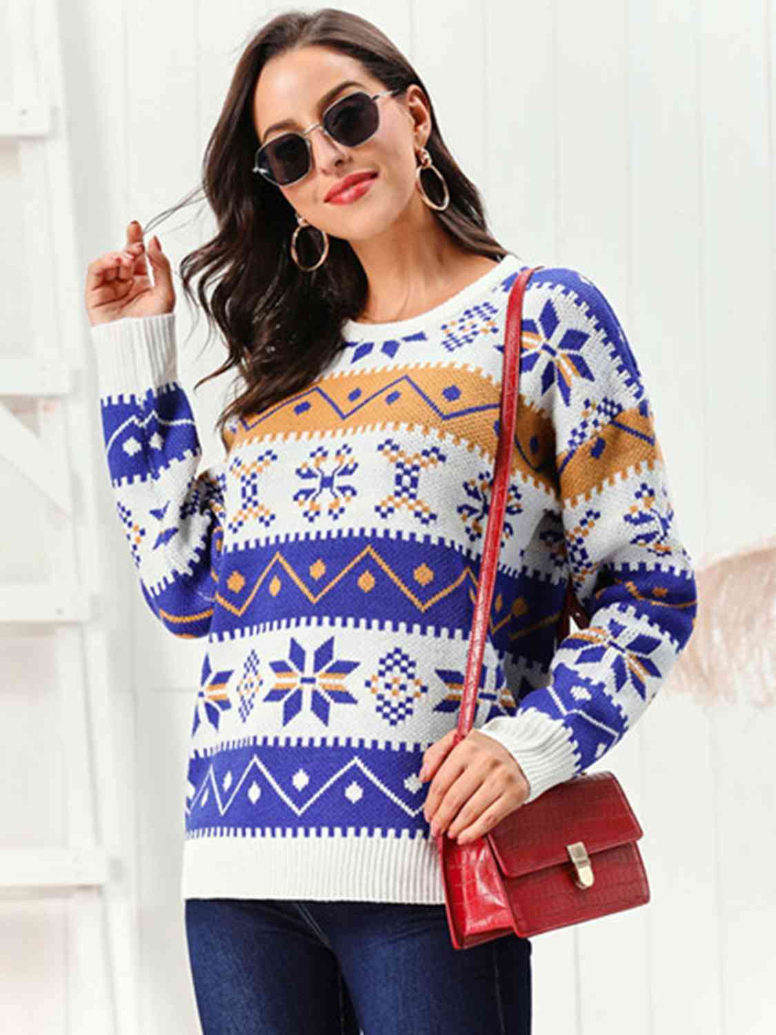 Snowflake Pattern Round Neck Sweater - Deals DejaVu