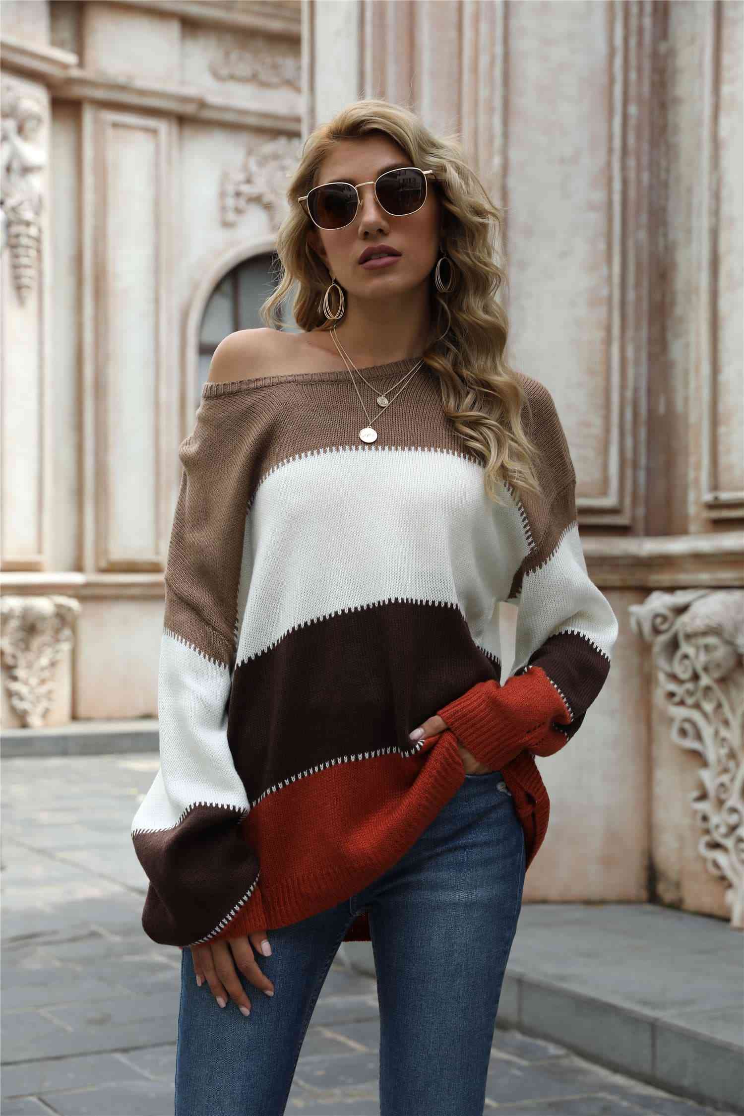 Color Block Round Neck Sweater - Deals DejaVu