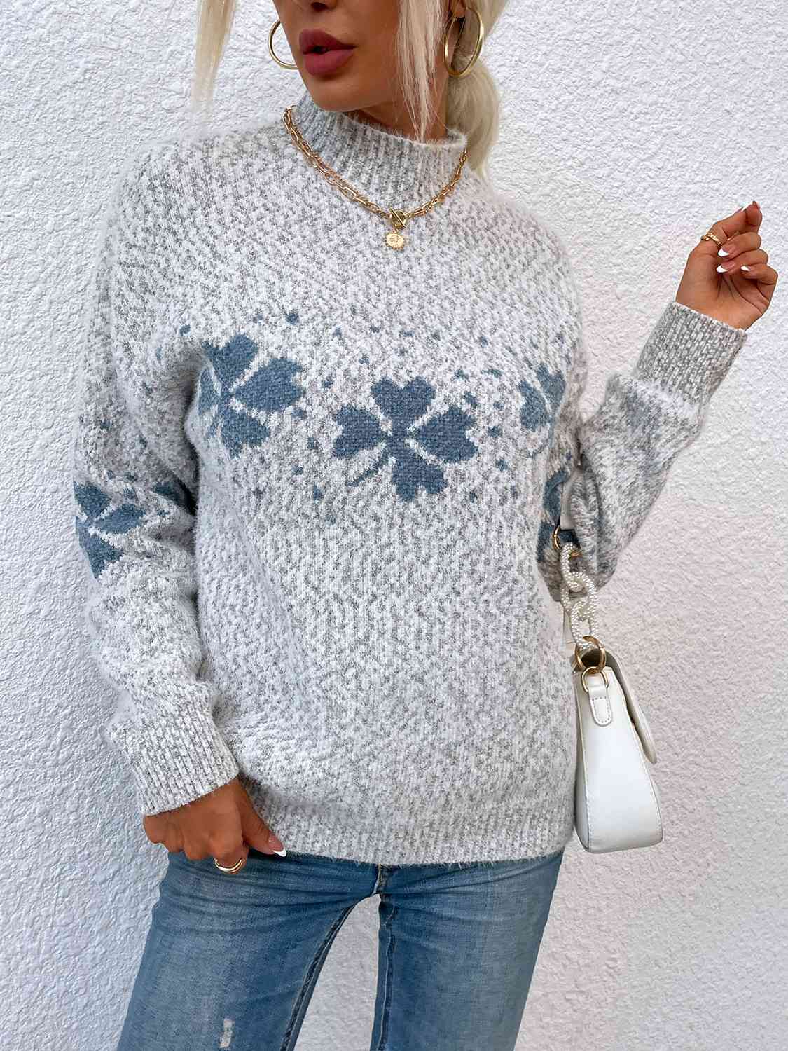 Four Leaf Clover Mock Neck Sweater - Deals DejaVu